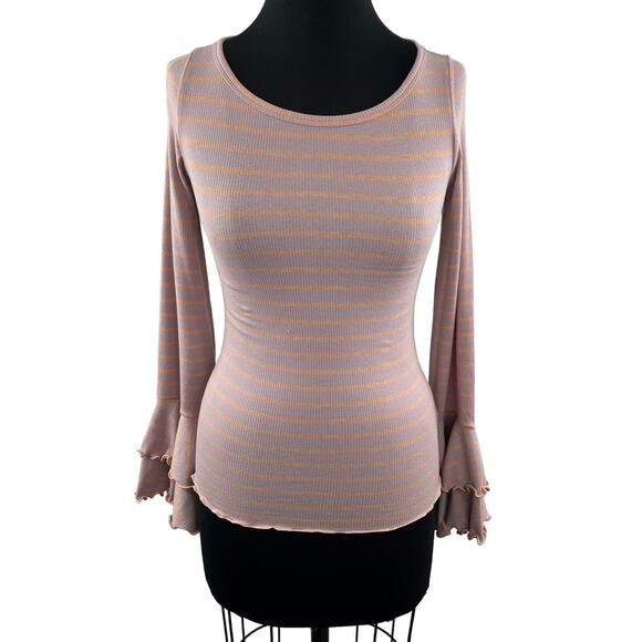 We The Free People Pink Orange Top Striped Ruffle Bell Sleeve Size X-Small XS - Picture 2 of 9